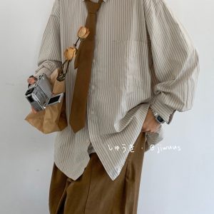 Japanese Retro Striped Long Sleeve Shirt for Men and Women, Loose Casual College Style Jacket, Light-Colored Spring Autumn Fashion