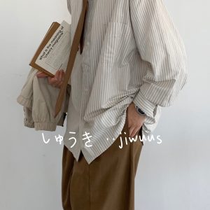 Japanese Retro Striped Long Sleeve Shirt for Men and Women, Loose Casual College Style Jacket, Light-Colored Spring Autumn Fashion