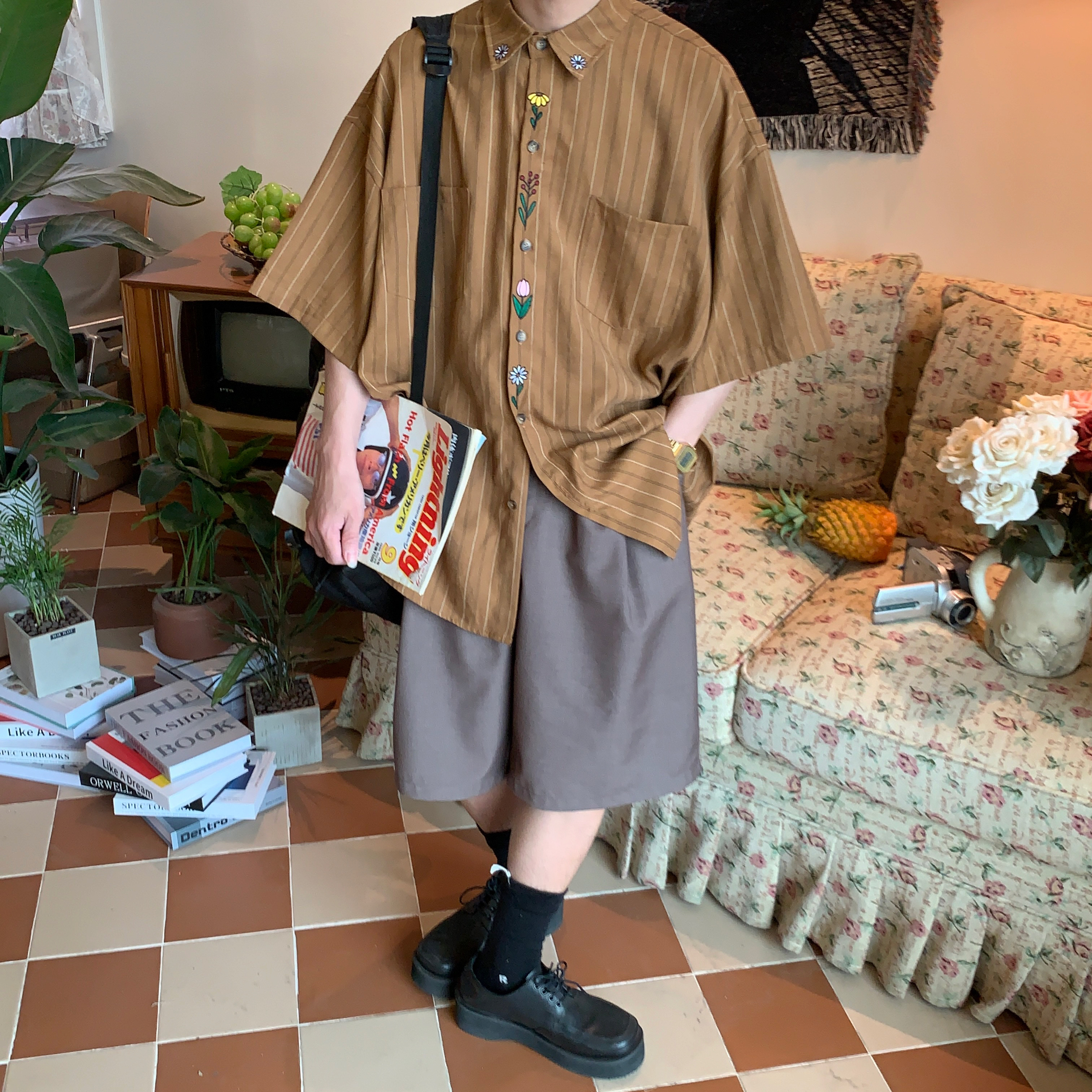 Japanese Retro Vertical Striped Short Sleeve Shirt, Handmade Vintage Embroidered Summer Couple Top, Y2K Niche Design Japanese Retro Vertical Striped Short Sleeve Shirt, Handmade Vintage Embroidered Summer Couple Top, Y2K Niche Design