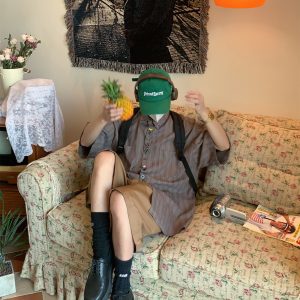 Japanese Retro Vertical Striped Short Sleeve Shirt, Handmade Vintage Embroidered Summer Couple Top, Y2K Niche Design