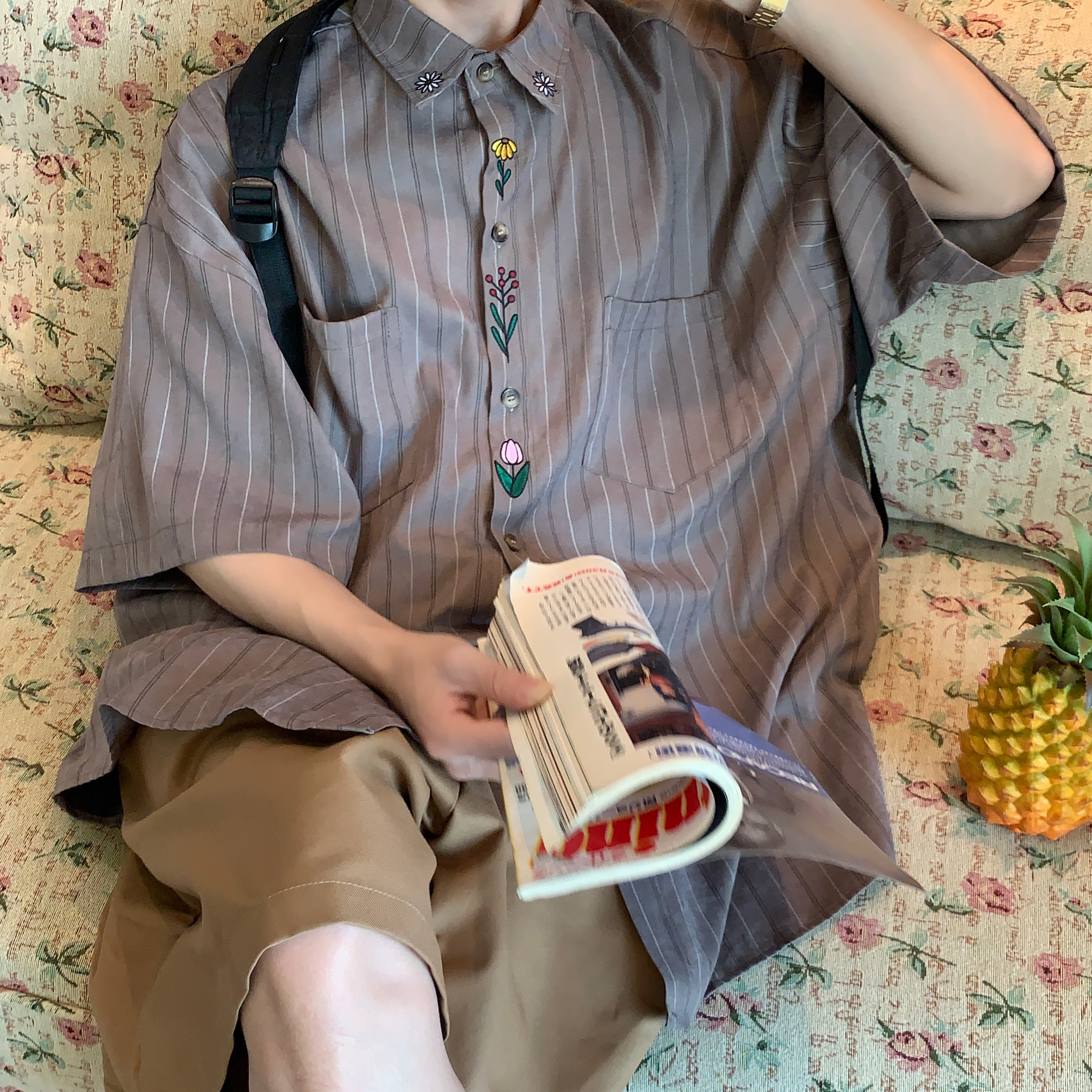 Japanese Retro Vertical Striped Short Sleeve Shirt, Handmade Vintage Embroidered Summer Couple Top, Y2K Niche Design Japanese Retro Vertical Striped Short Sleeve Shirt, Handmade Vintage Embroidered Summer Couple Top, Y2K Niche Design