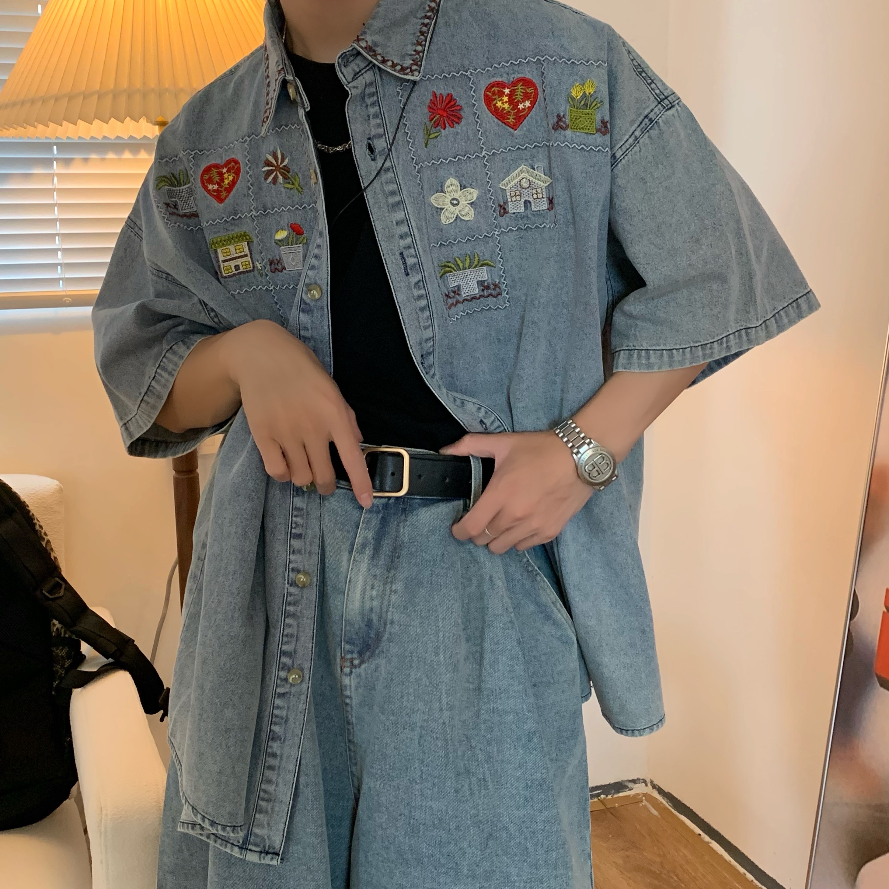 Japanese Retro Vintage Washed Denim Shirt for Summer - Short Sleeve Couple Top - 90s Inspired Fashion