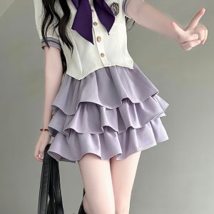 Japanese Sailor Suit Women's Summer Outfit - Pudding Bear Inspired JK Uniform with Waist-Defined Short Sleeve & Purple Cake Skirt