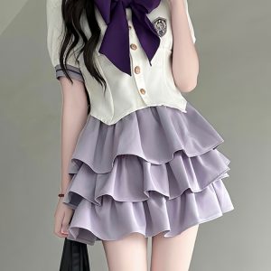 Japanese Sailor Suit Women's Summer Outfit - Pudding Bear Inspired JK Uniform with Waist-Defined Short Sleeve & Purple Cake Skirt