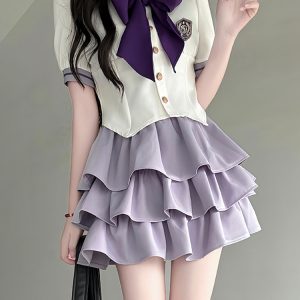 Japanese Sailor Suit Women's Summer Outfit - Pudding Bear Inspired JK Uniform with Waist-Defined Short Sleeve & Purple Cake Skirt