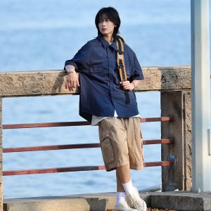 Japanese-Style Checkered Drop Shoulder Short-Sleeve Shirt with Double Pockets - Unisex Youth Jacket for 90s and Y2K Fashion