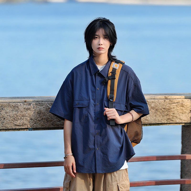 Japanese-Style Checkered Drop Shoulder Short-Sleeve Shirt with Double Pockets - Unisex Youth Jacket for 90s and Y2K Fashion