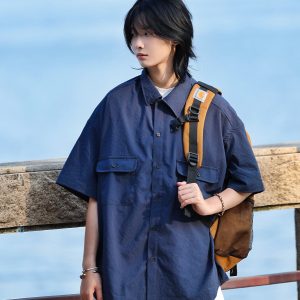 Japanese-Style Checkered Drop Shoulder Short-Sleeve Shirt with Double Pockets - Unisex Youth Jacket for 90s and Y2K Fashion