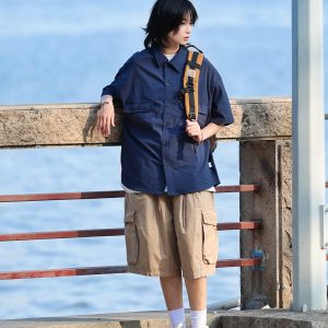Japanese-Style Checkered Drop Shoulder Short-Sleeve Shirt with Double Pockets - Unisex Youth Jacket for 90s and Y2K Fashion