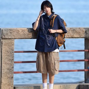 Japanese-Style Checkered Drop Shoulder Short-Sleeve Shirt with Double Pockets - Unisex Youth Jacket for 90s and Y2K Fashion