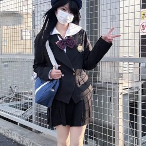 Japanese Style College Wind Uniform Set - Women's Spring JK Jacket with Pudding Bear Design - Cute and Trendy Outfit for Y2K Fashion Lovers