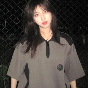 Japanese-Style Color-Blocked Short Sleeve Polo Shirt for Women - Trendy Summer College T-Shirt for 2025, Couples Fashion