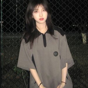 Japanese-Style Color-Blocked Short Sleeve Polo Shirt for Women - Trendy Summer College T-Shirt for 2025, Couples Fashion