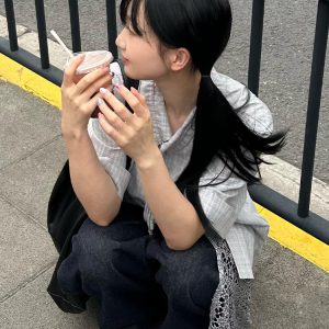 Japanese Style Cuban Collar Short Sleeve Shirt for Women, Summer Plaid Loose Casual Top with Drawstring, College Vibe