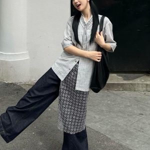 Japanese Style Cuban Collar Short Sleeve Shirt for Women, Summer Plaid Loose Casual Top with Drawstring, College Vibe