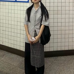 Japanese Style Cuban Collar Short Sleeve Shirt for Women, Summer Plaid Loose Casual Top with Drawstring, College Vibe