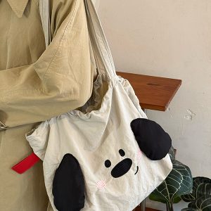 Japanese-Style Cute Big-Eared Dog Shoulder Bag for Women - Large-Capacity Canvas Tote for Students and Commuters