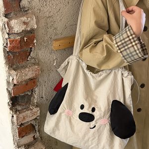 Japanese-Style Cute Big-Eared Dog Shoulder Bag for Women - Large-Capacity Canvas Tote for Students and Commuters