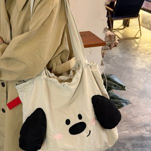 Japanese-Style Cute Big-Eared Dog Shoulder Bag for Women - Large-Capacity Canvas Tote for Students and Commuters