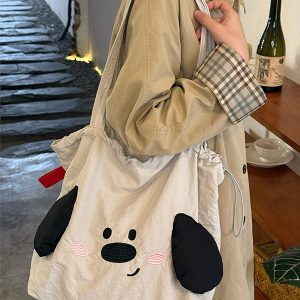 Japanese-Style Cute Big-Eared Dog Shoulder Bag for Women - Large-Capacity Canvas Tote for Students and Commuters