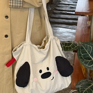 Japanese-Style Cute Big-Eared Dog Shoulder Bag for Women - Large-Capacity Canvas Tote for Students and Commuters