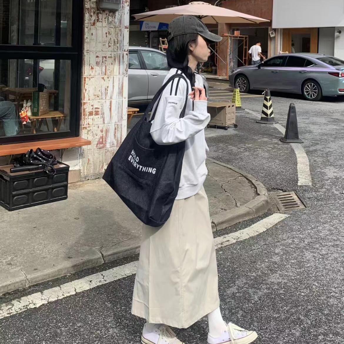 Japanese-Style Large Capacity Denim Canvas Tote Bag - Retro Minimalist Letter Design for Shopping & Commuting