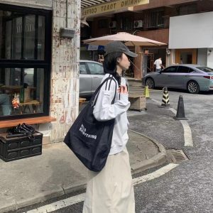 Japanese-Style Large Capacity Denim Canvas Tote Bag - Retro Minimalist Letter Design for Shopping & Commuting