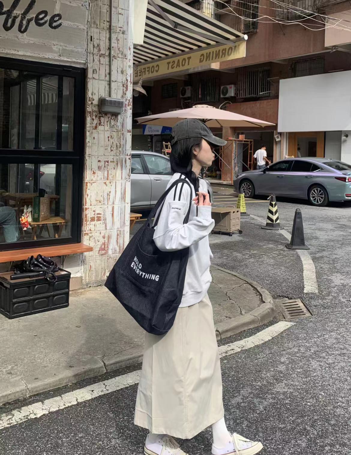 Japanese-Style Large Capacity Denim Canvas Tote Bag - Retro Minimalist Letter Design for Shopping & Commuting Japanese-Style Large Capacity Denim Canvas Tote Bag - Retro Minimalist Letter Design for Shopping & Commuting