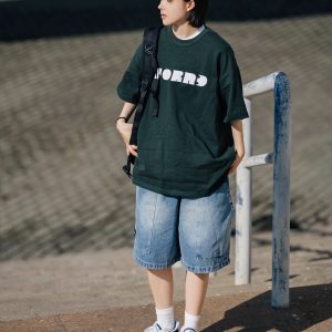 Japanese Style Letter Print Dark Green Short Sleeve T-Shirt for Men - Heavyweight 90s American Trendy Spring/Summer Fashion