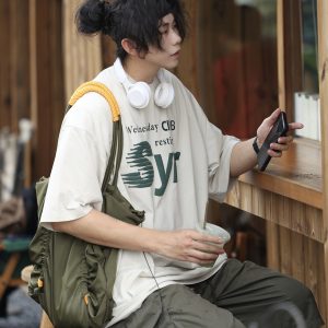 Japanese-Style Letter Print Heavyweight Round Neck Short Sleeve T-Shirt for Men - Loose Versatile Summer Tee