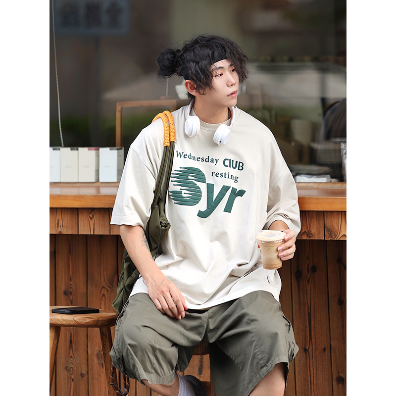 Japanese-Style Letter Print Heavyweight Round Neck Short Sleeve T-Shirt for Men - Loose Versatile Summer Tee