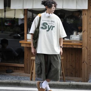 Japanese-Style Letter Print Heavyweight Round Neck Short Sleeve T-Shirt for Men - Loose Versatile Summer Tee