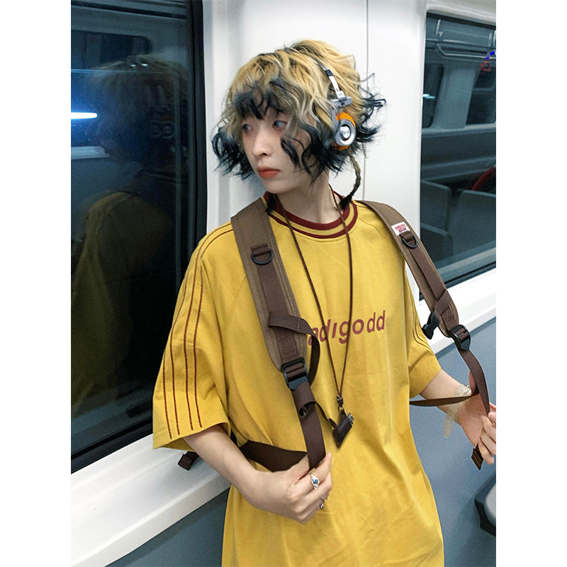 Japanese-Style Loose Short Sleeve Women's Color-Blocking Letter Print Raglan T-Shirt - Casual Summer Top