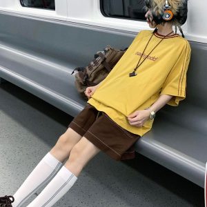 Japanese-Style Loose Short Sleeve Women's Color-Blocking Letter Print Raglan T-Shirt - Casual Summer Top