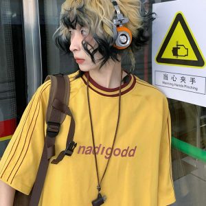 Japanese-Style Loose Short Sleeve Women's Color-Blocking Letter Print Raglan T-Shirt - Casual Summer Top