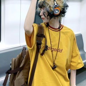 Japanese-Style Loose Short Sleeve Women's Color-Blocking Letter Print Raglan T-Shirt - Casual Summer Top