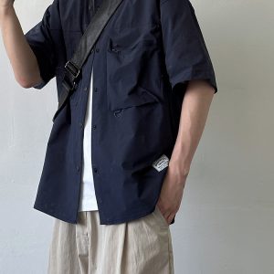 Japanese-Style Multi-Pocket Short Sleeve Shirt for Men and Women - Retro Loose Fit Casual Summer Workwear