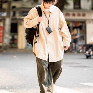 Japanese-Style Oversized Mid-Length Long Sleeve Shirt Jacket for Men - Casual 90s Inspired Fashion
