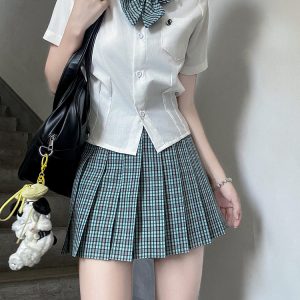 Japanese Style Pleated JK Skirt - Women's High Waist Slim Short Skirt, Luo Yan Pudding Bear Design, Y2K Aesthetic