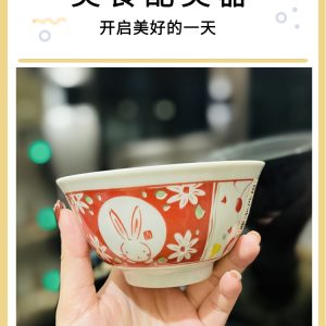 Japanese-Style Rabbit Ceramic Rice Bowl Set - 4.5-Inch Underglaze Ramen Hat Tableware for New Year Gift
