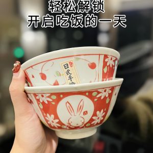 Japanese-Style Rabbit Ceramic Rice Bowl Set - 4.5-Inch Underglaze Ramen Hat Tableware for New Year Gift