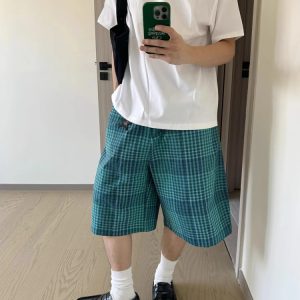 Japanese-Style Retro Blue Check Loose Shorts for Men and Women - Summer High Street Casual Five-Point Shorts, Couples' Versatile Fashion