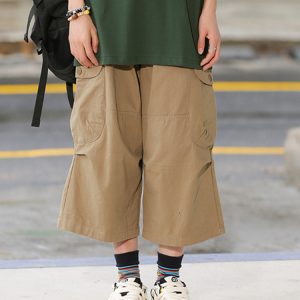 Japanese-Style Retro Loose Pocket Work Pants for Men and Women, Summer Street Fashion Casual Wide-Leg Cropped Trousers