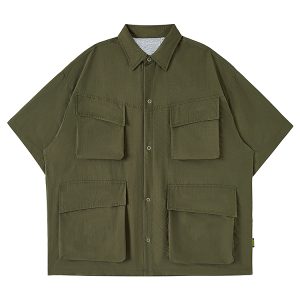 Japanese-Style Retro Multi-Pocket Short Sleeve Shirt Jacket for Men - Summer Casual Loose Fit Trendy Workwear