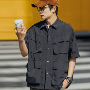 Japanese-Style Retro Multi-Pocket Short Sleeve Shirt Jacket for Men - Summer Casual Loose Fit Trendy Workwear