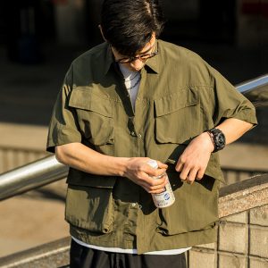 Japanese-Style Retro Multi-Pocket Short Sleeve Shirt Jacket for Men - Summer Casual Loose Fit Trendy Workwear