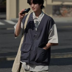 Japanese-Style Retro Patchwork Fake Two-Piece Color-Block Short Sleeve Shirt for Men and Women, Summer Casual Trend