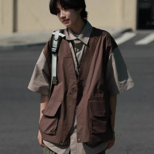 Japanese-Style Retro Patchwork Fake Two-Piece Color-Block Short Sleeve Shirt for Men and Women, Summer Casual Trend