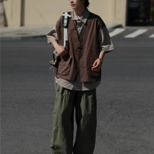 Japanese-Style Retro Patchwork Fake Two-Piece Color-Block Short Sleeve Shirt for Men and Women, Summer Casual Trend