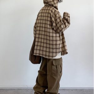 Japanese-Style Retro Plaid Hooded Long Sleeve Shirt for Men and Women - Casual College Trendy Jacket for Spring and Autumn